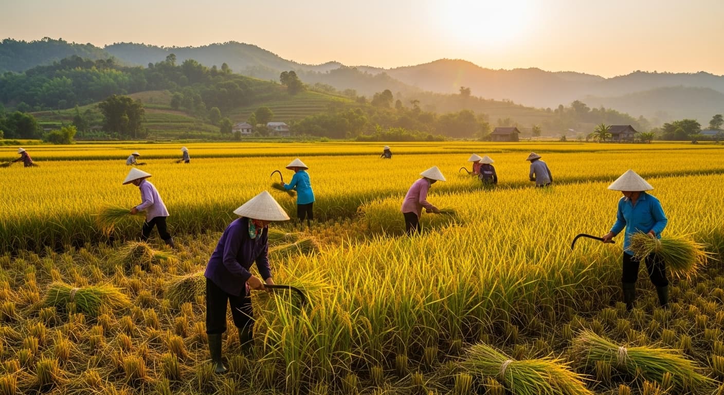 Les agriculteurs sont en train de récolter du riz au Vietnam. (Image générée par l’IA.)