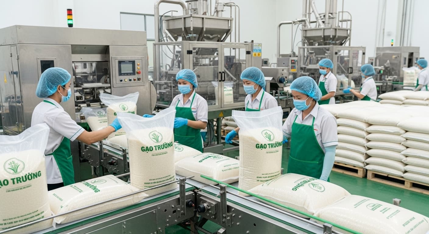 Eine Verpackungslinie für Reis in Vietnam. (KI-generiertes Bild.)