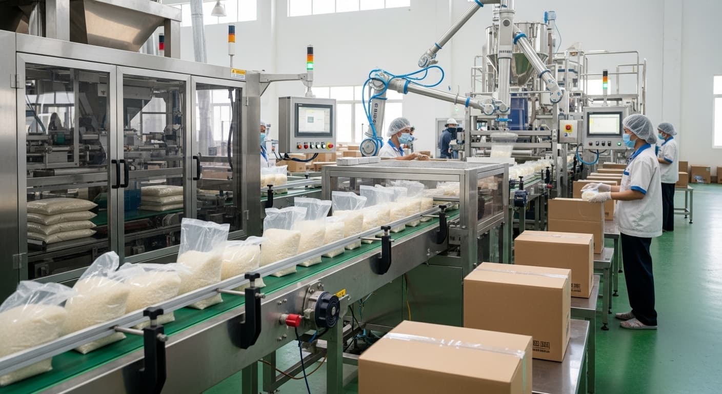 Une ligne d'emballage de riz au Vietnam. (Image générée par IA.)