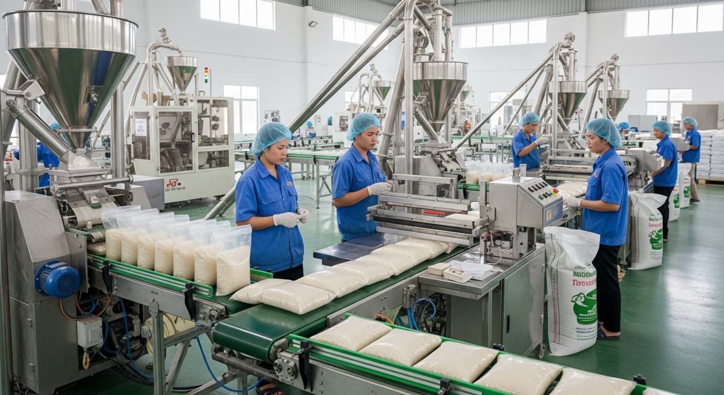 A rice packaging line in Vietnam. (AI-generated image.)