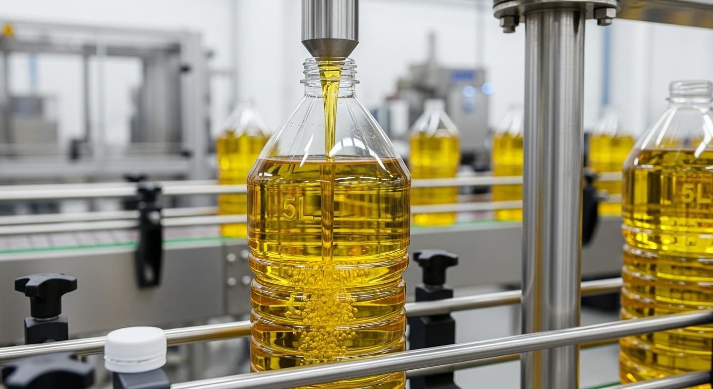 Sunflower oil filling a 5 L bottle on a bottling line (AI-generated image).