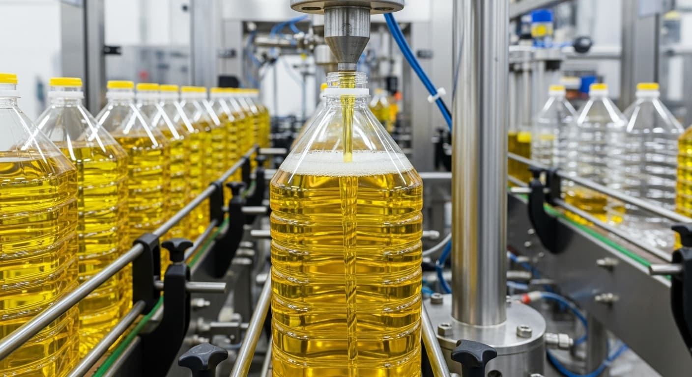 Aceite de girasol llenando una botella de 5 L en una línea de embotellado (imagen generada por IA).