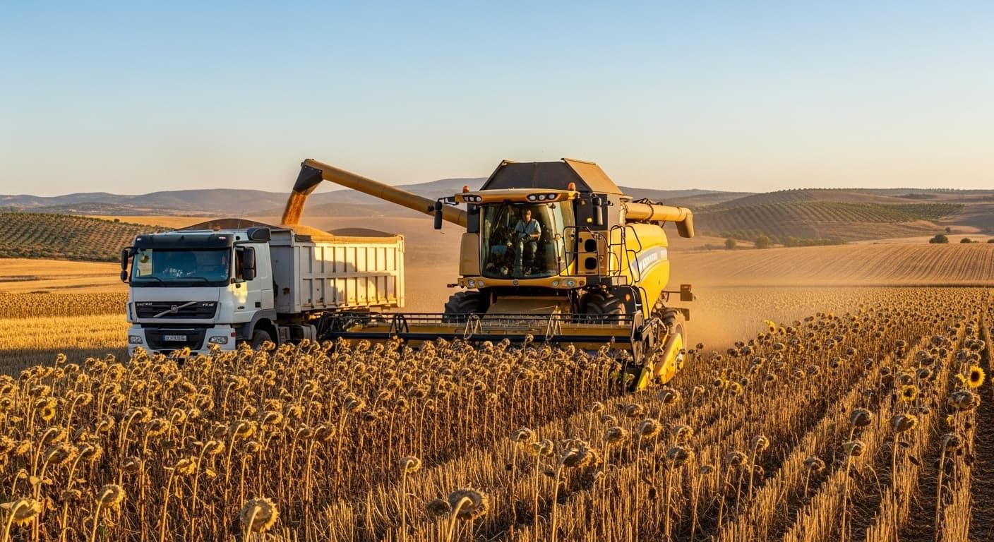 Una cosechadora de girasoles está cosechando girasoles secos y maduros y llenando los granos de girasol en un camión en España (imagen generada por IA).