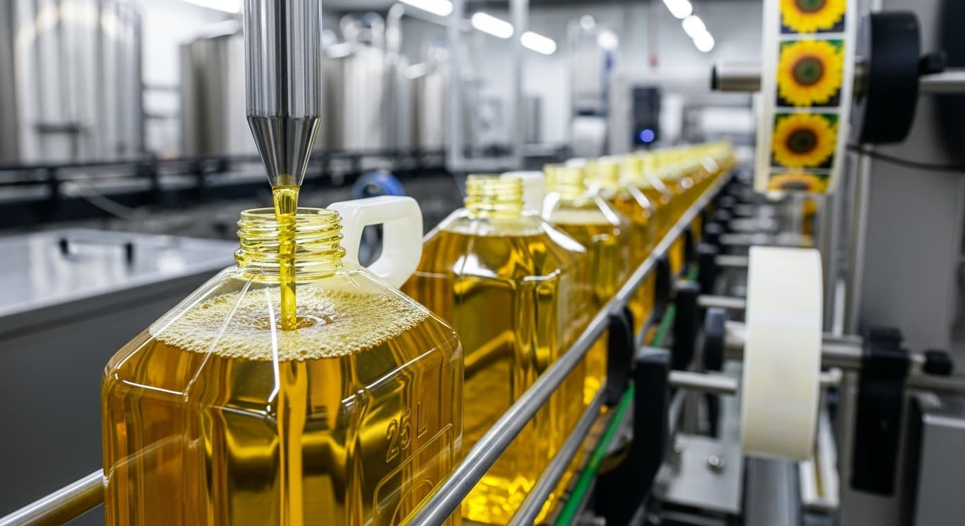 Aceite de girasol llenando un bidón de 25 L en una línea de embotellado (imagen generada por IA).