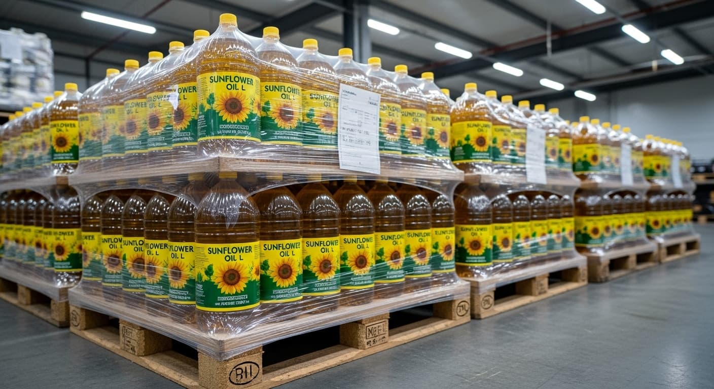 Aceite de girasol en botellas plásticas de 5 L empaquetadas en pallets (imagen generada por IA)