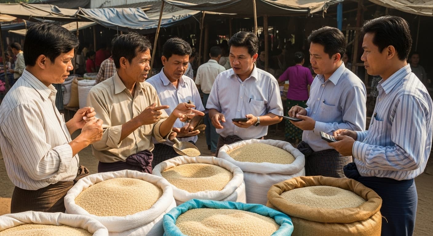 Scène de marché montrant des commerçants et des agriculteurs négociant l'achat de sésame au Myanmar (image générée par IA).