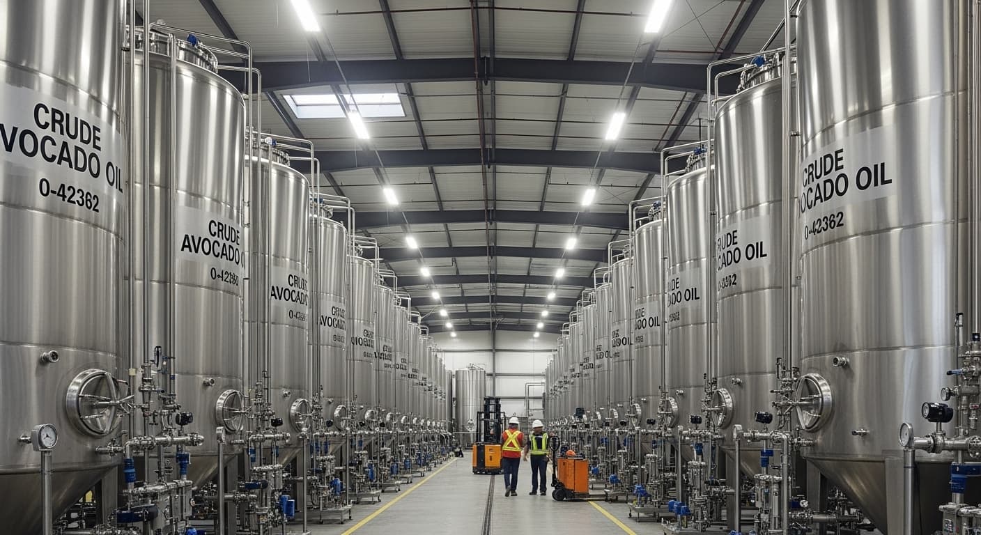 A warehouse storing crude avocado oil in tanks (AI-generated image).
