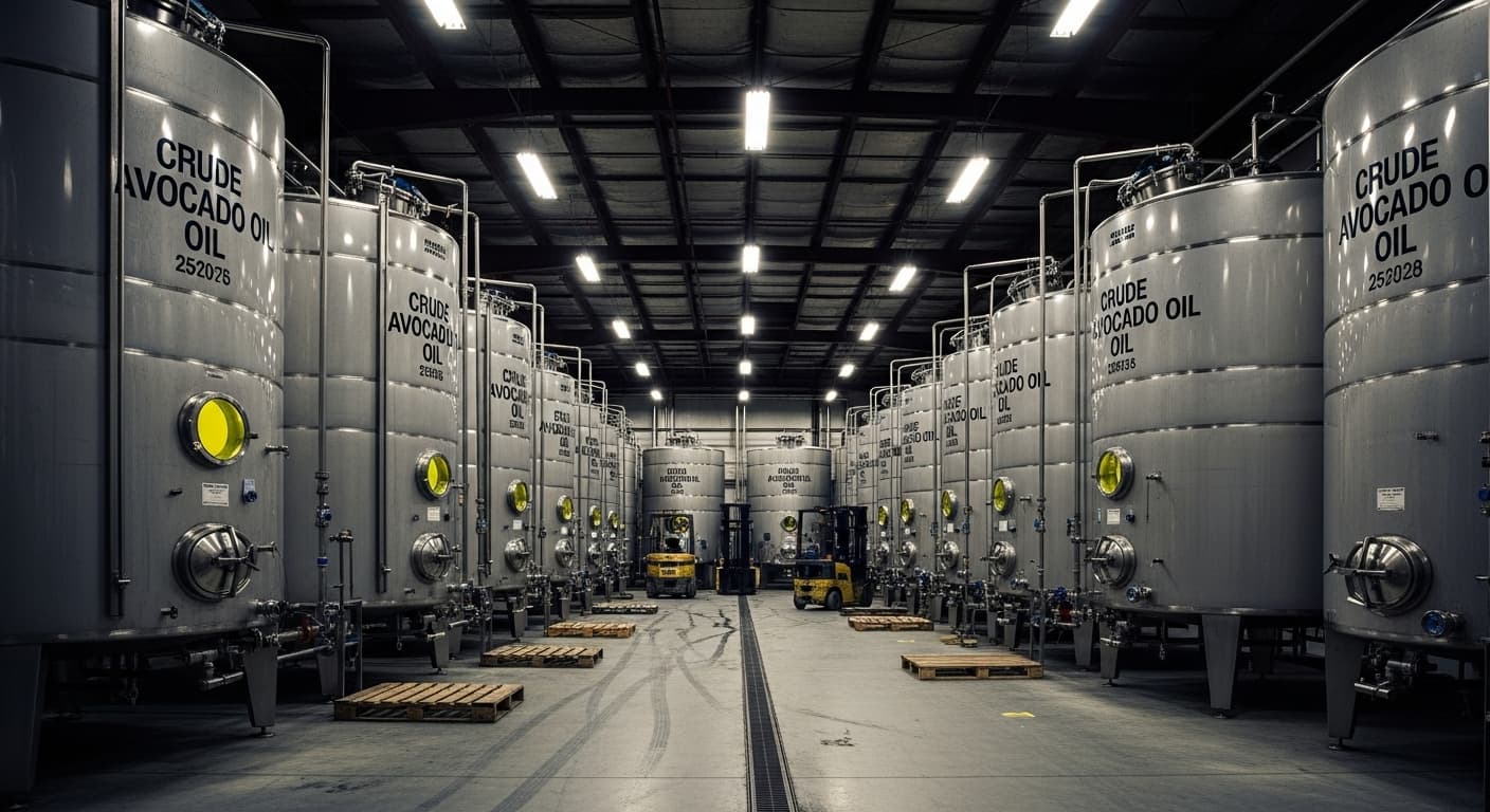 Un entrepôt stockant de l’huile d’avocat brute dans des réservoirs (image générée par IA).