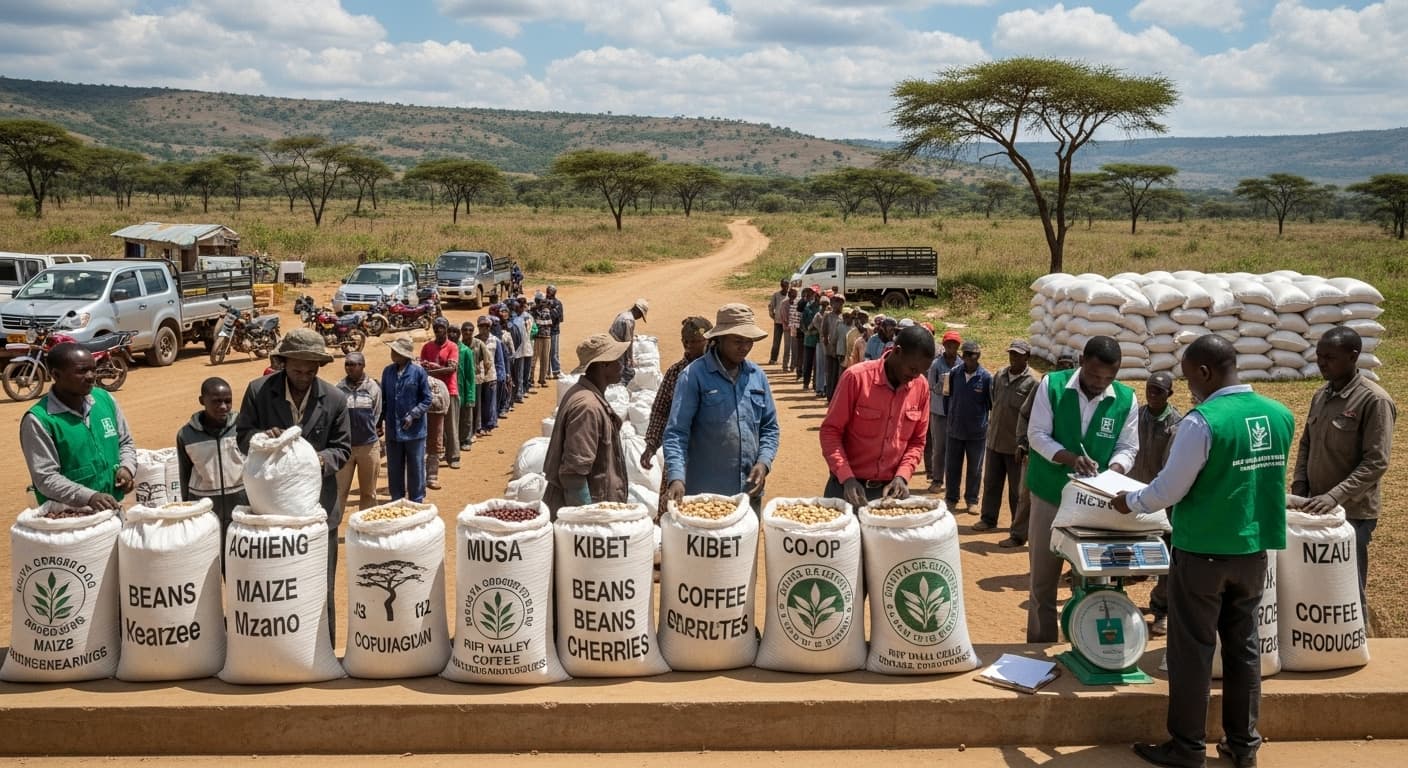ケニアの整然とした農村集荷拠点で、ラベル付きの袋を持った農家たちが列を作っている様子(AI生成画像)。