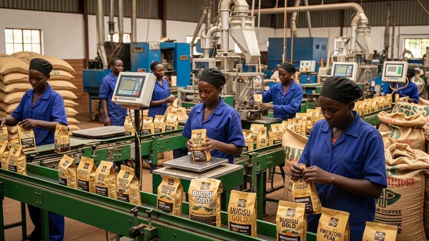 Dây chuyền đóng gói cà phê rang tại Uganda. (Hình ảnh do AI tạo ra)