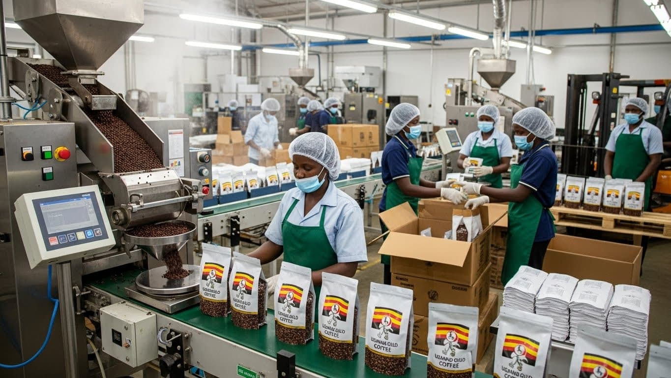 ウガンダで稼働する焙煎コーヒーのパッケージングライン。（AI生成の画像）