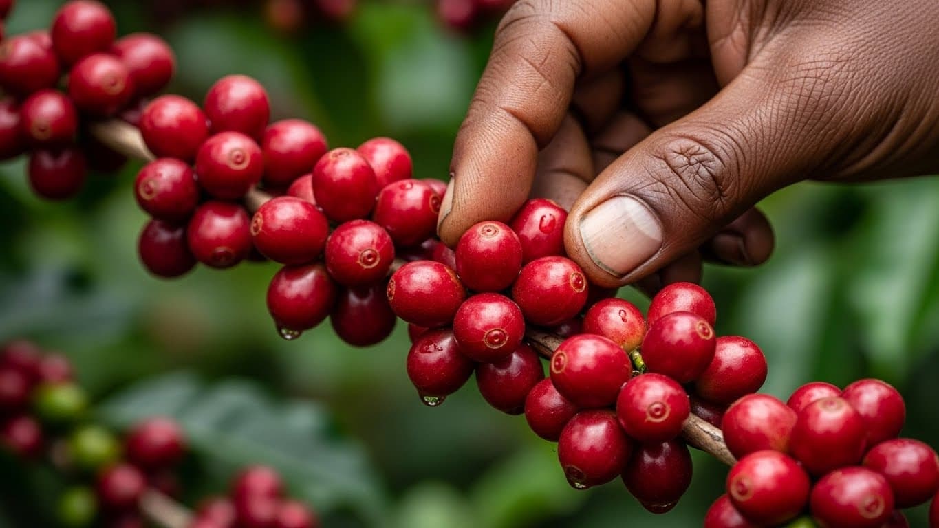 Nahaufnahme roter Kaffeekirschen an einem Zweig in Uganda, wobei die Hand eines Bauern sie inspiziert. (KI-generiertes Bild)