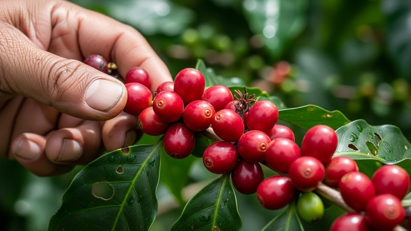 ウガンダで、枝についた赤いコーヒーチェリーを農家の手が点検しているクローズアップ。（AI生成画像）