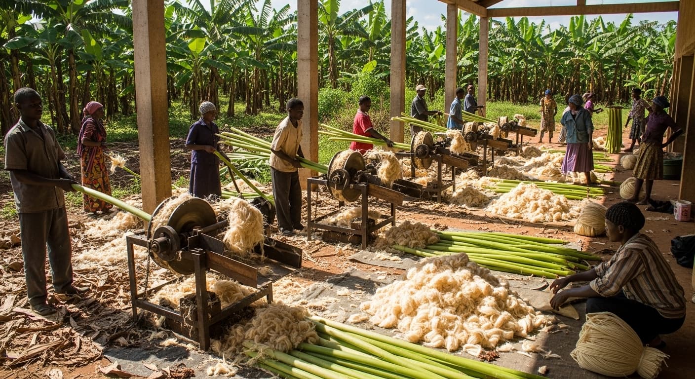 Uganda'da muz lifi çıkarma makineleri (AI tarafından oluşturulmuş görsel)