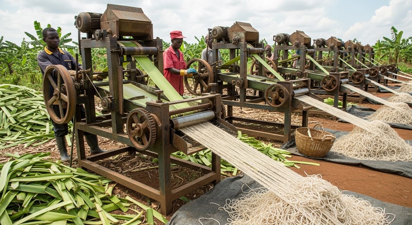 Des machines d'extraction de fibres de bananier en Ouganda (image générée par l'IA).