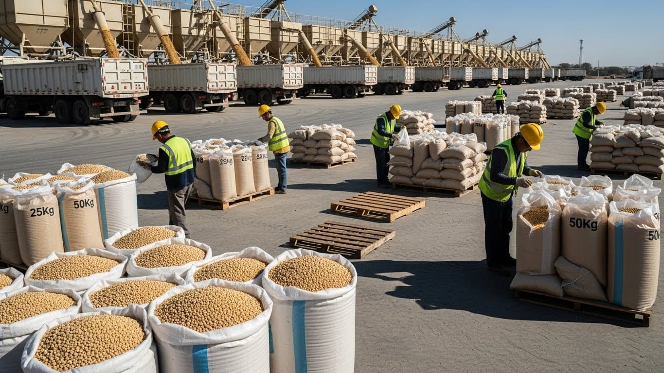 Dökme soya fasulyesi taşıyan kamyonların bulunduğu, 25 kg ve 50 kg’lık jüt/PP çuvalları inceleyen işçilerin yer aldığı endüstriyel bir toplama sahası. (Yapay zekâ ile üretilmiş görsel)