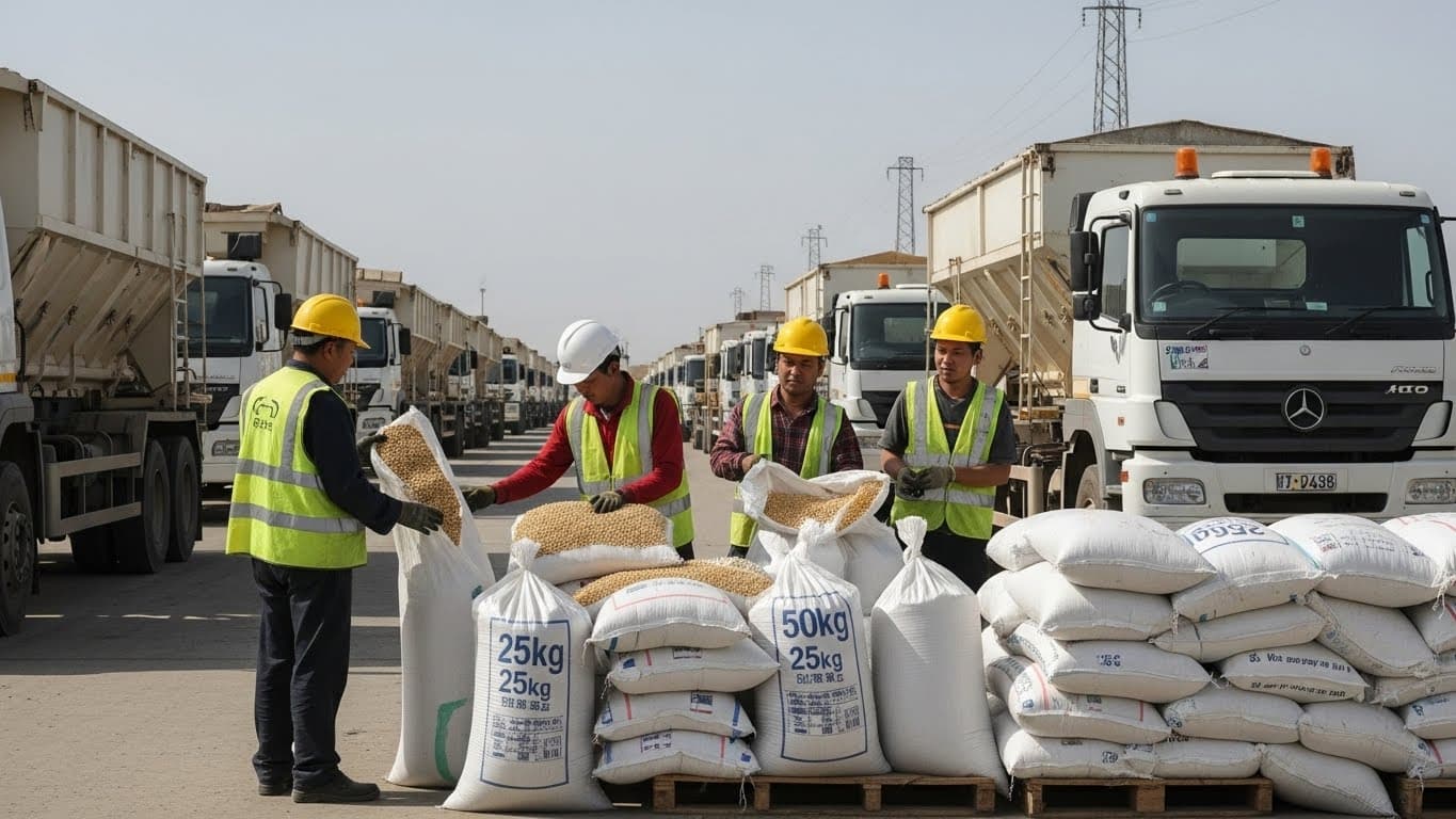 Une aire d'agrégation industrielle avec des camions transportant du soja en vrac et des ouvriers inspectant des sacs en jute/PP de 25 kg et 50 kg. (Image générée par IA)