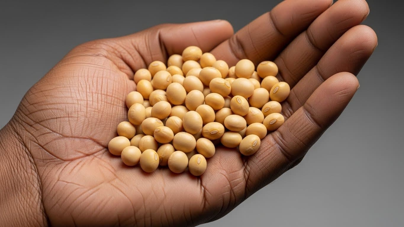 Une main nigériane tenant une poignée de graines de soja nettoyées (image générée par l'IA)