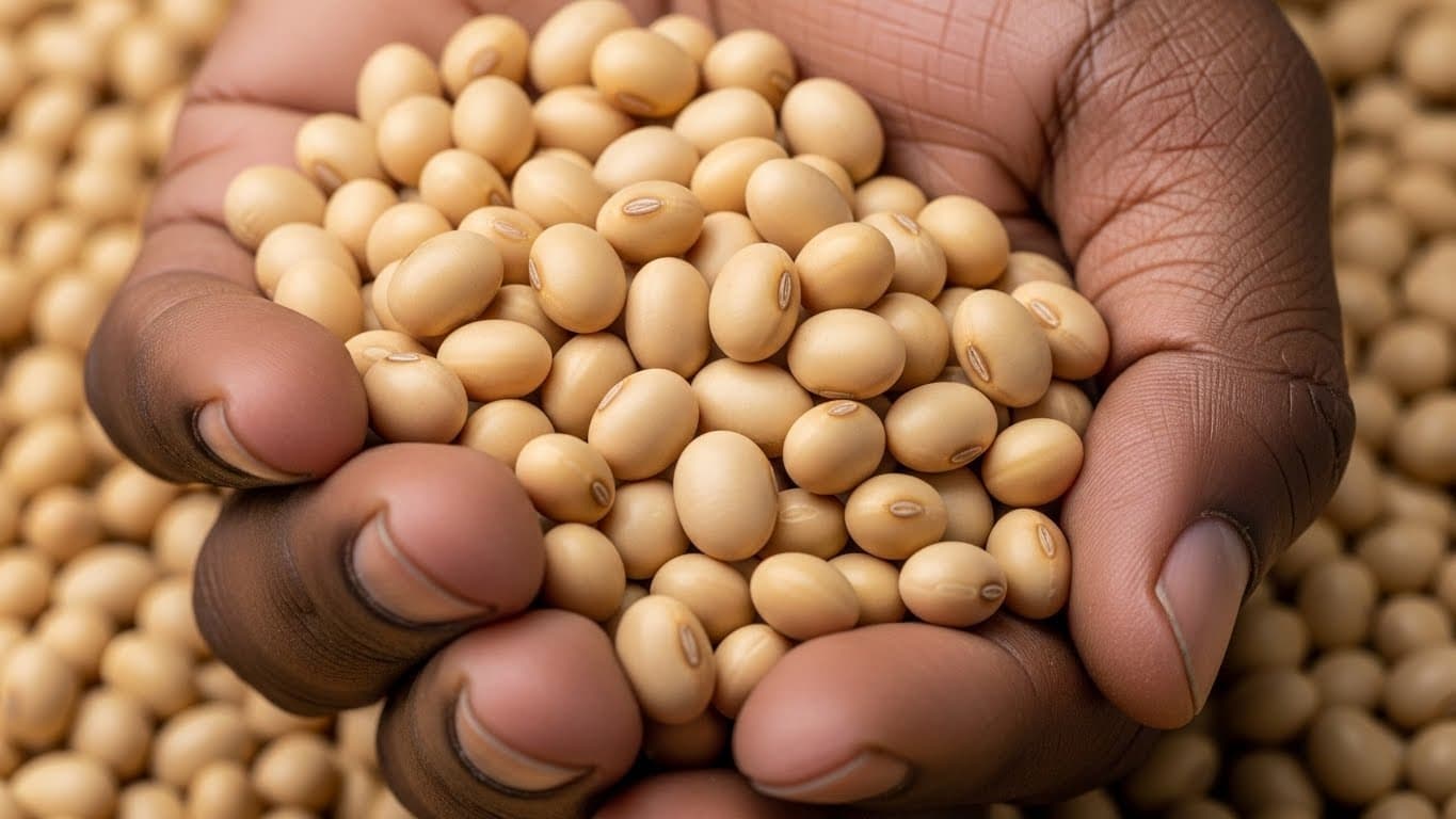 洗浄された大豆を一握り持つナイジェリア人の手（AI生成画像）