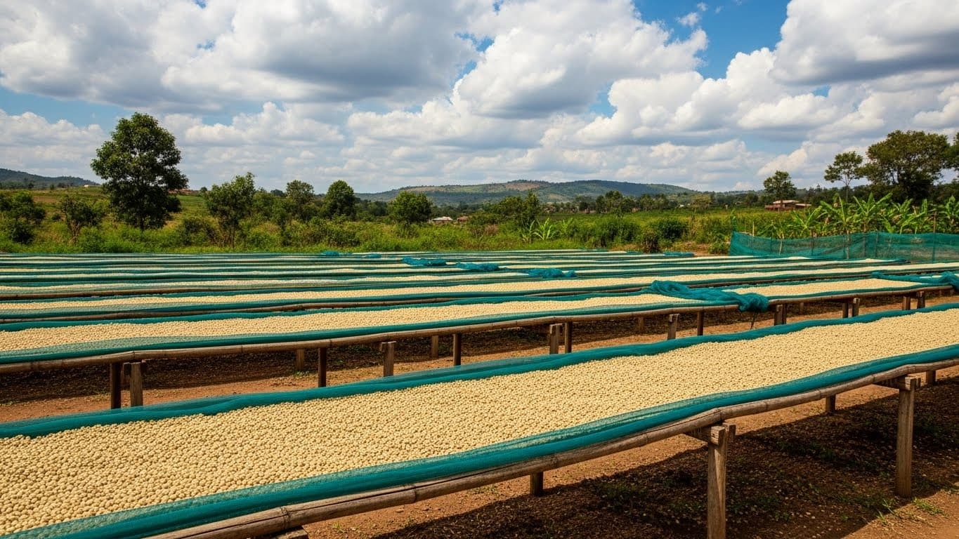 タンザニアで高床の乾燥台に並べられて乾かされているコーヒー豆。（AI生成の画像）