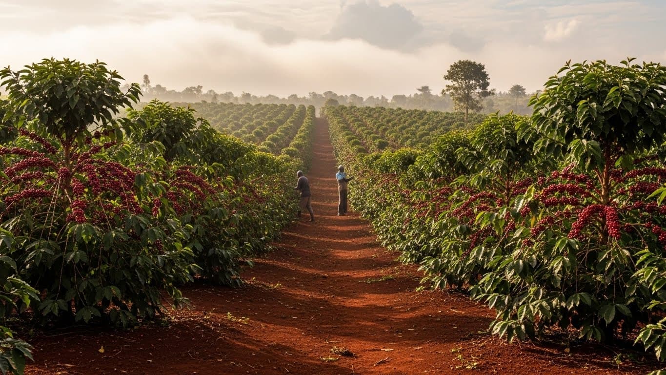 Traditionelle Kaffeefarm in Kenia mit Kaffeekirschen an Arabica-Bäumen und rotem Boden. (KI-generiertes Bild)