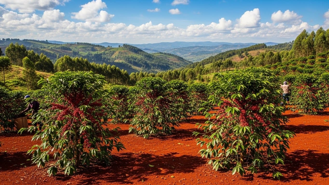ケニアの伝統的なコーヒー農園。アラビカ種の木に実るコーヒーチェリーと赤い土壌。（AI生成画像）