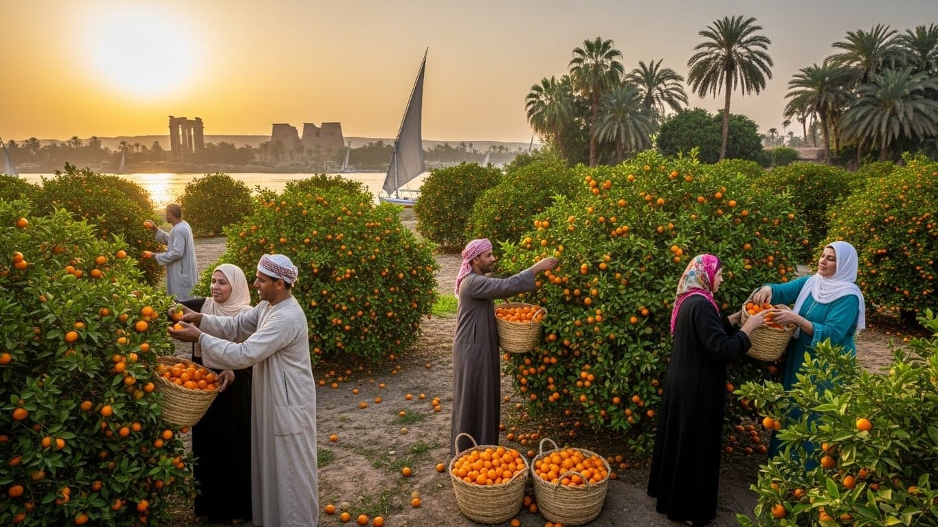 Mısırlı çiftçiler mandalina topluyor (Yapay zeka tarafından oluşturulan görüntü).