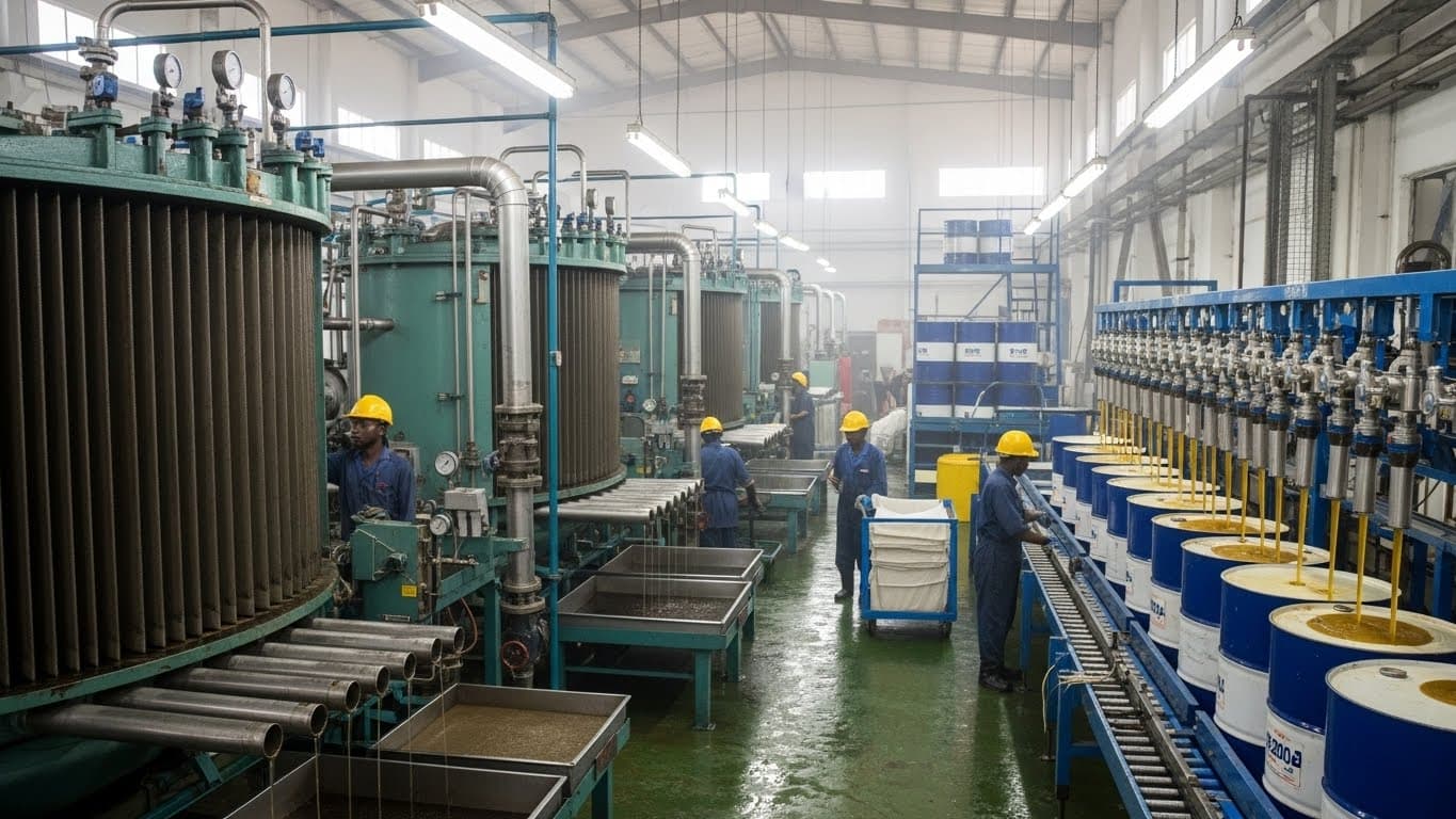 ナイジェリアの粗大豆油製油所内のろ過工程とドラム詰めエリア。（AI生成画像）