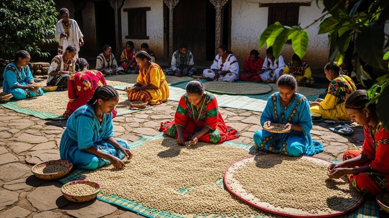 Women hand-sorting coffee beans in Ethiopia (AI-generated image).