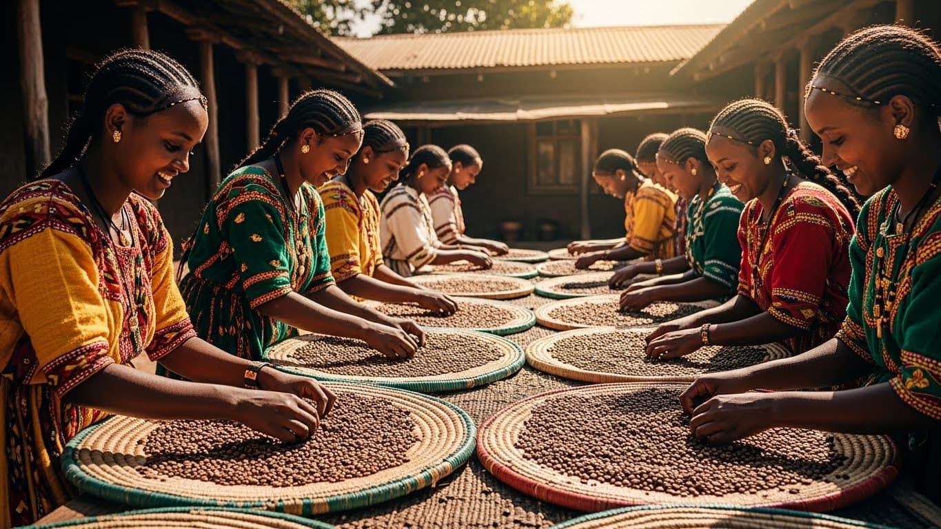 Mujeres clasificando a mano granos de café en Etiopía (imagen generada por IA).