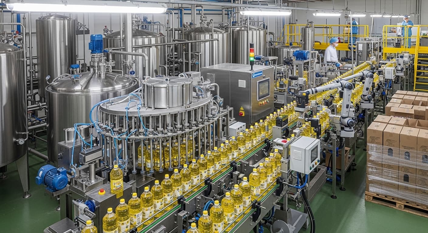 A production line for refined sunflower oil (AI-generated image).