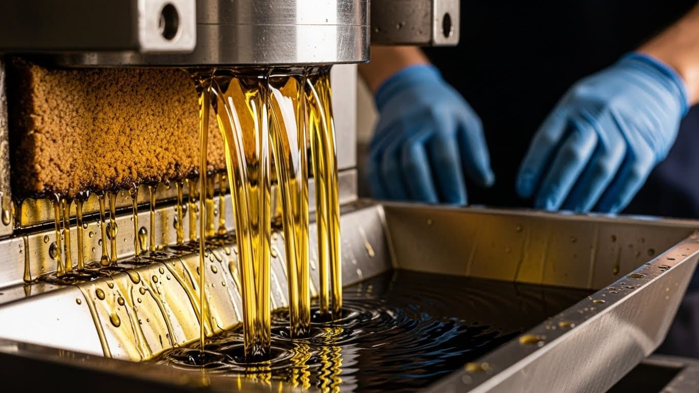 Vidalı ekspeller tipi mekanik pres çalışıyor: soya küspesi presleniyor ve sıcak ham yağ paslanmaz çelik oluklara akıyor. (Yapay zekâ tarafından oluşturulmuş görsel)