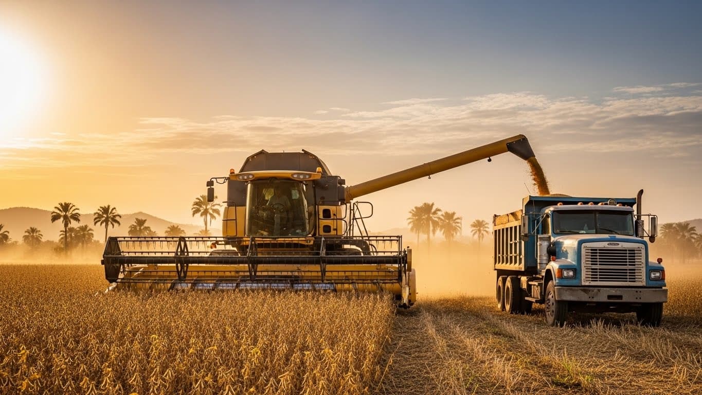 コンバインハーベスターとトラックによるナイジェリアでの大豆収穫風景（AI生成画像）