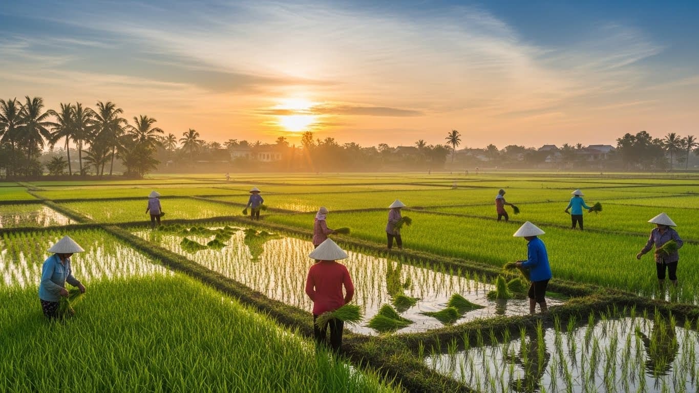 Vietnamlı çiftçiler bir pirinç tarlasında çalışıyor (yapay zeka tarafından oluşturulan görüntü).