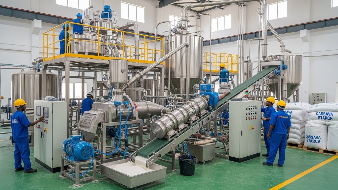 ナイジェリアのキャッサバ（タピオカ）澱粉生産ライン（AI生成画像）。