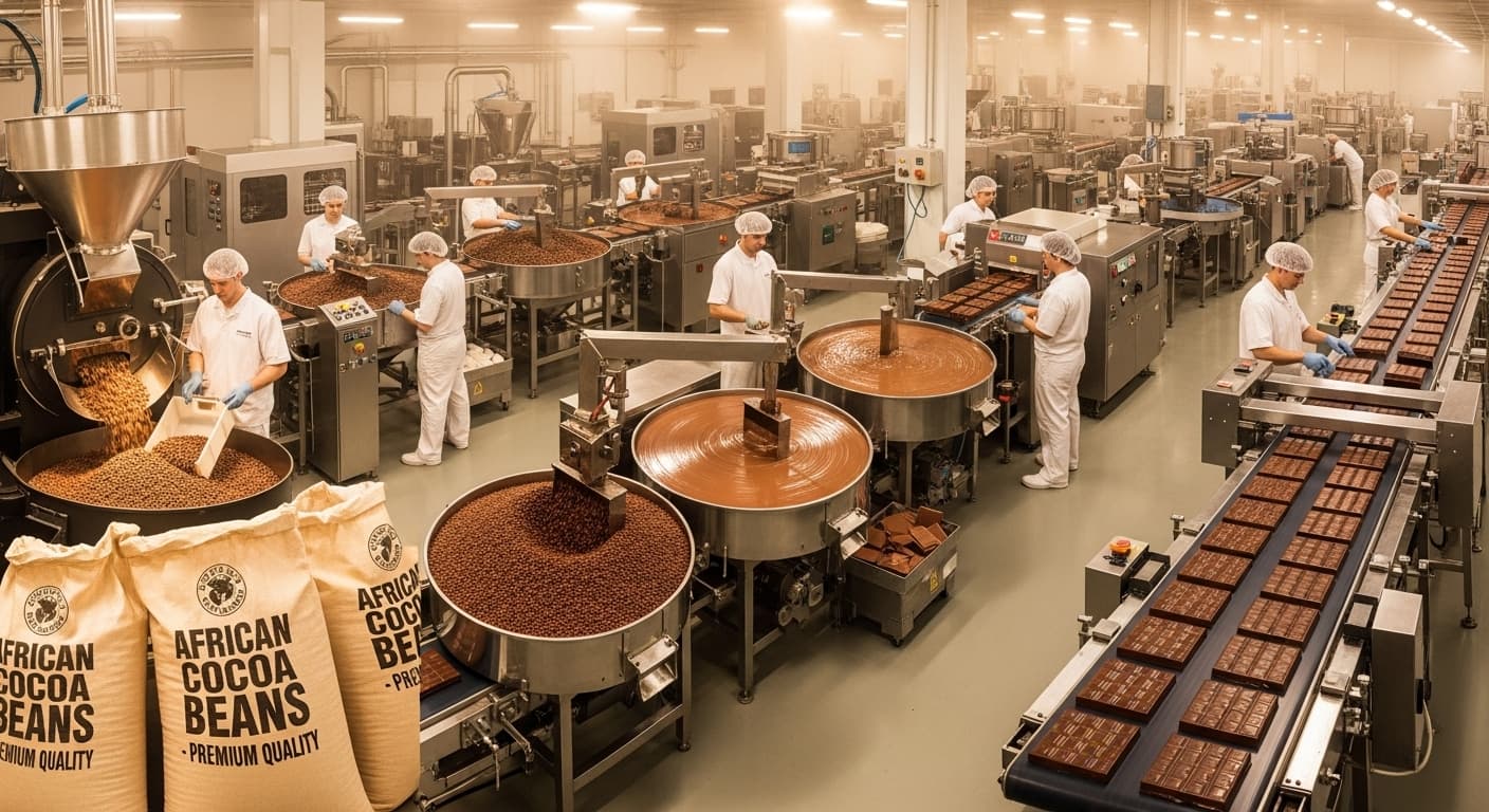 Línea de producción de chocolate que utiliza granos de cacao africanos (imagen generada por IA)