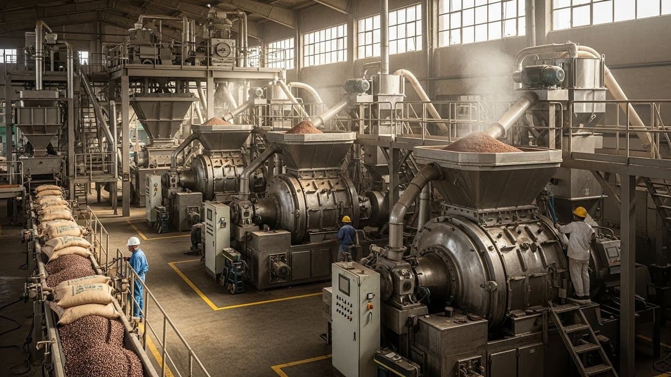 Industrial facility producing cocoa powder (AI-generated image).