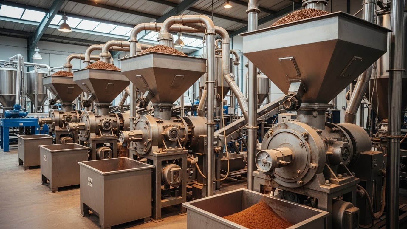 Instalação industrial que produz pó de cacau (imagem gerada por IA).