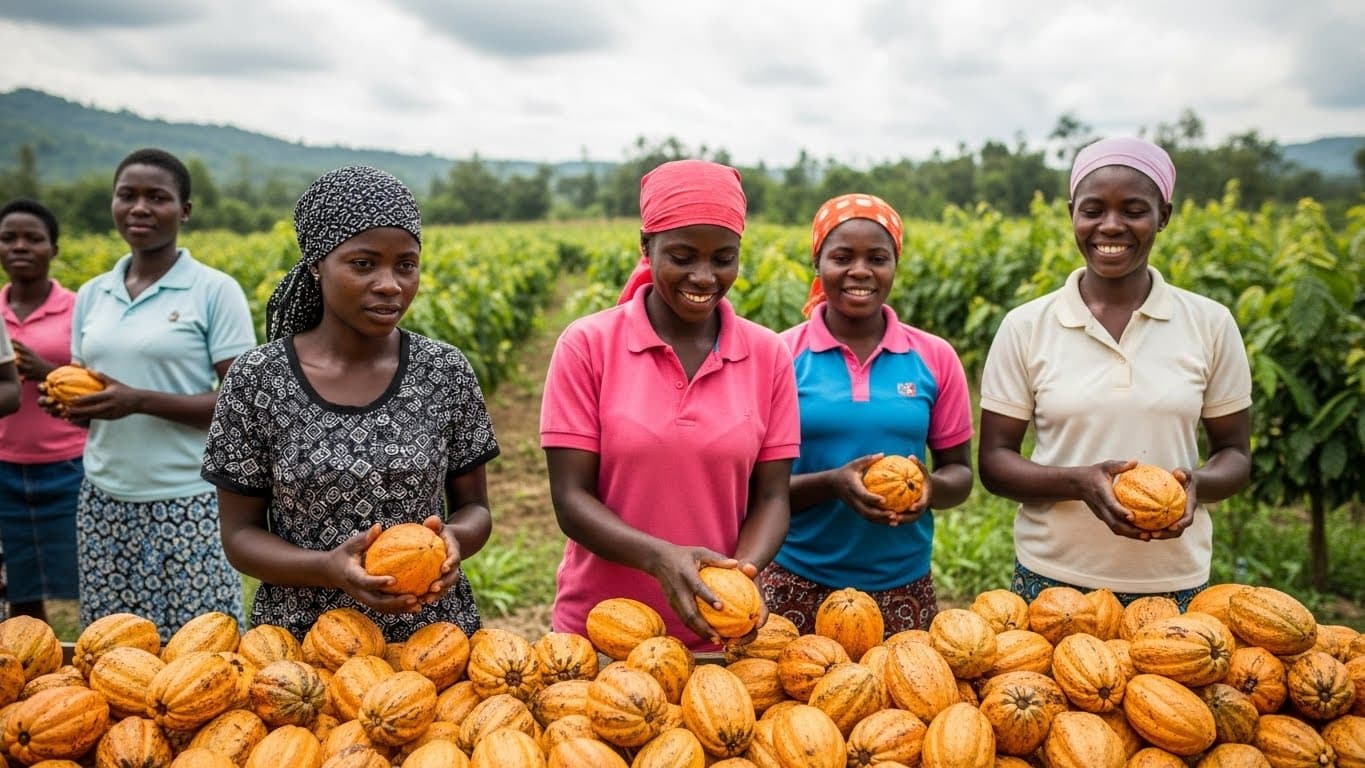 Produtores de cacau colhendo vagens maduras em Gana (imagem gerada por IA).