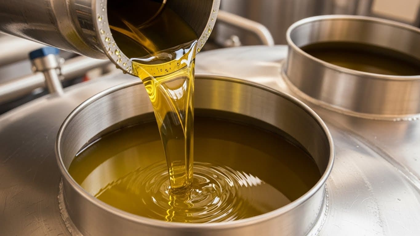 Aceite crudo de girasol bombeado desde un tanque de acero inoxidable a un tanque de almacenamiento (imagen generada por IA).