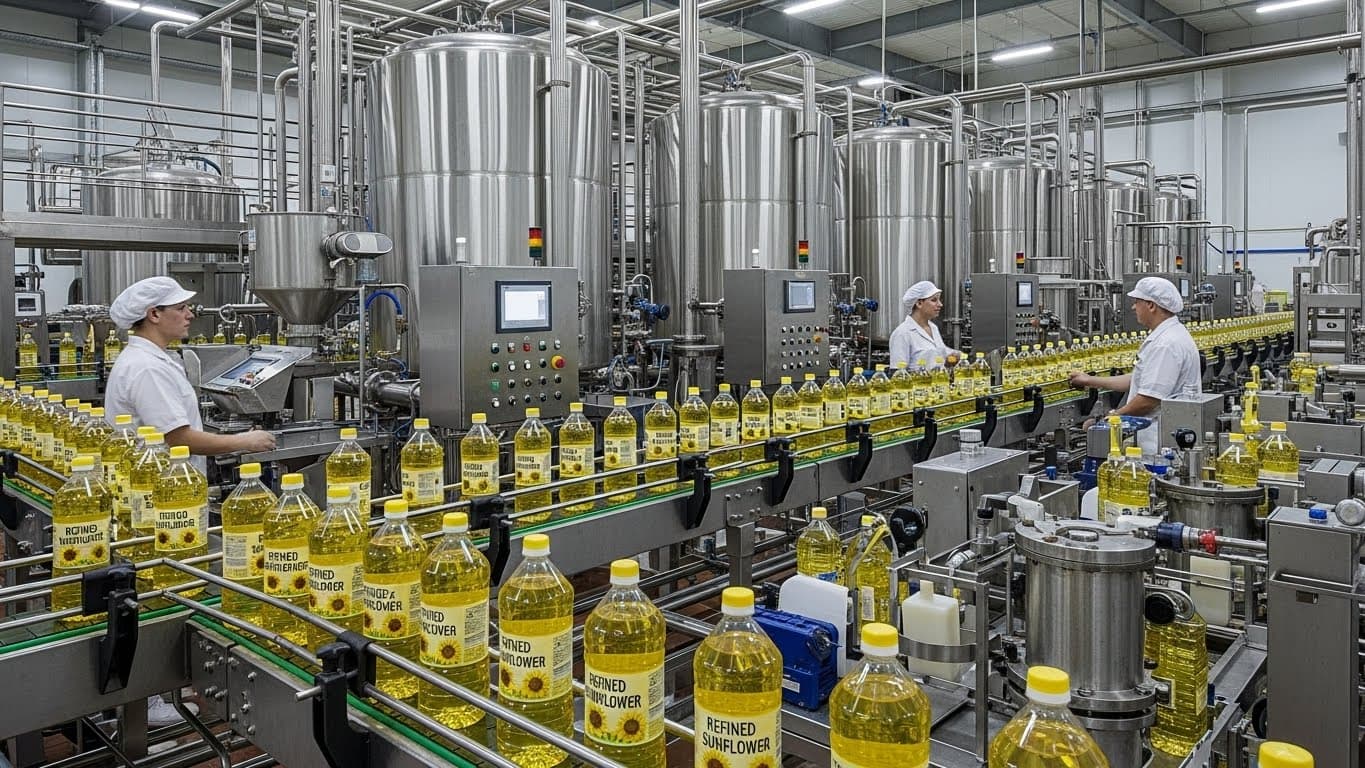 A production line for refined sunflower oil (AI-generated image).