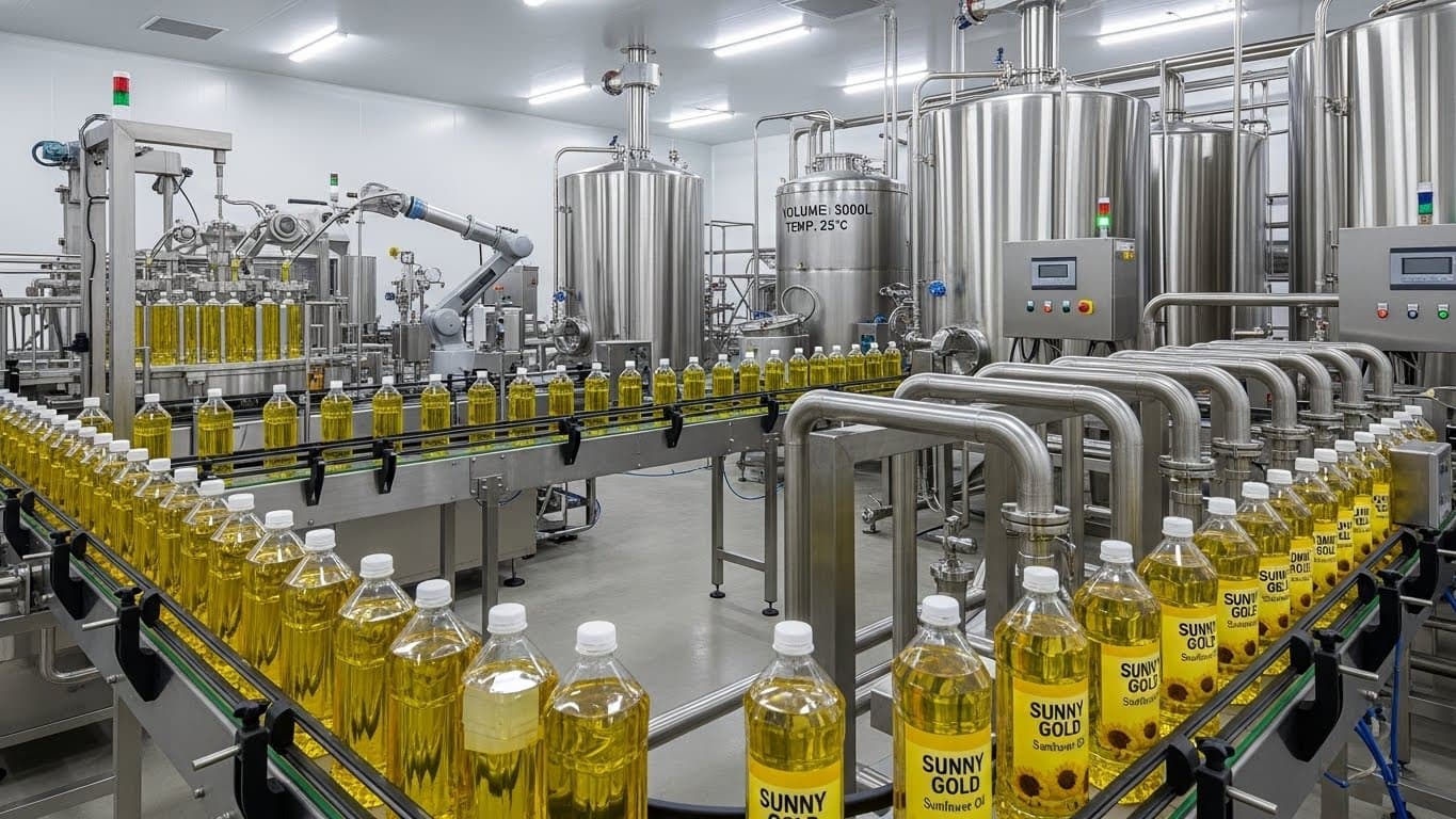 Línea de producción de aceite de girasol refinado (imagen generada por IA).