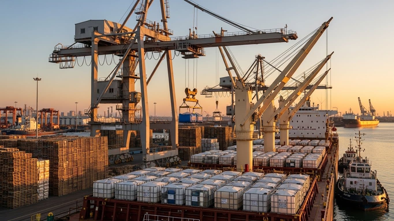 Scène portuaire de flexitanks d’huile de soja brute (image générée par l’IA).