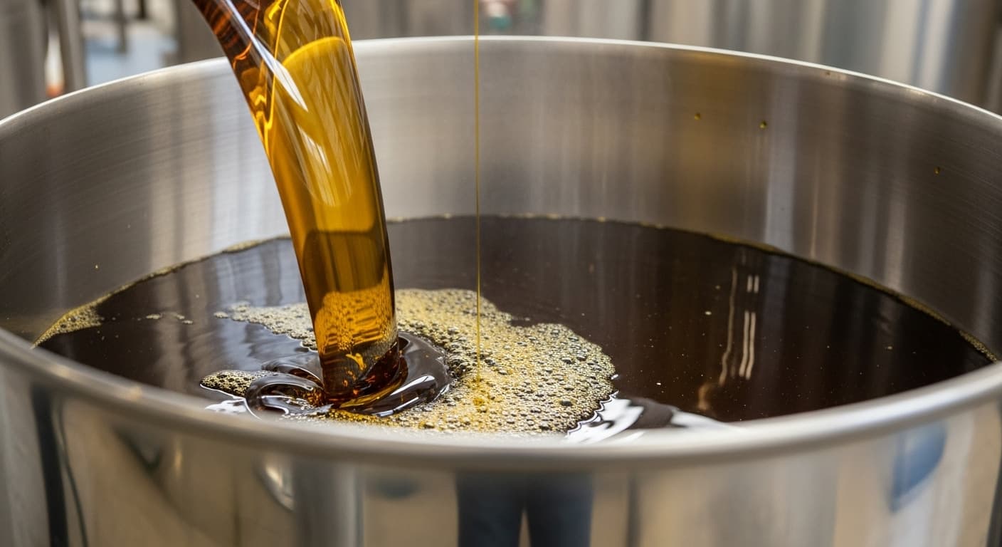 ステンレス製ドラムに注がれる粗製ひまわり油（AI生成画像）
