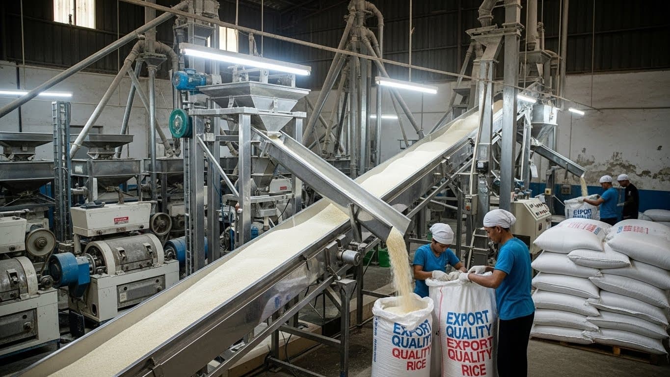Intérieur d'une usine de mouture du riz, avec des convoyeurs transportant du riz poli dans des sacs d'exportation. (Image générée par IA)