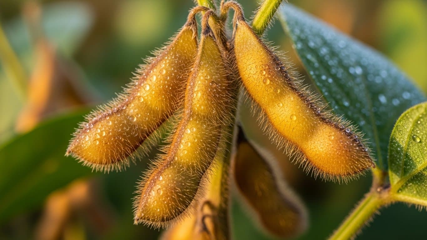 Primer plano macro 4K de vainas de soja maduras en la planta con rocío matutino (imagen generada por IA).