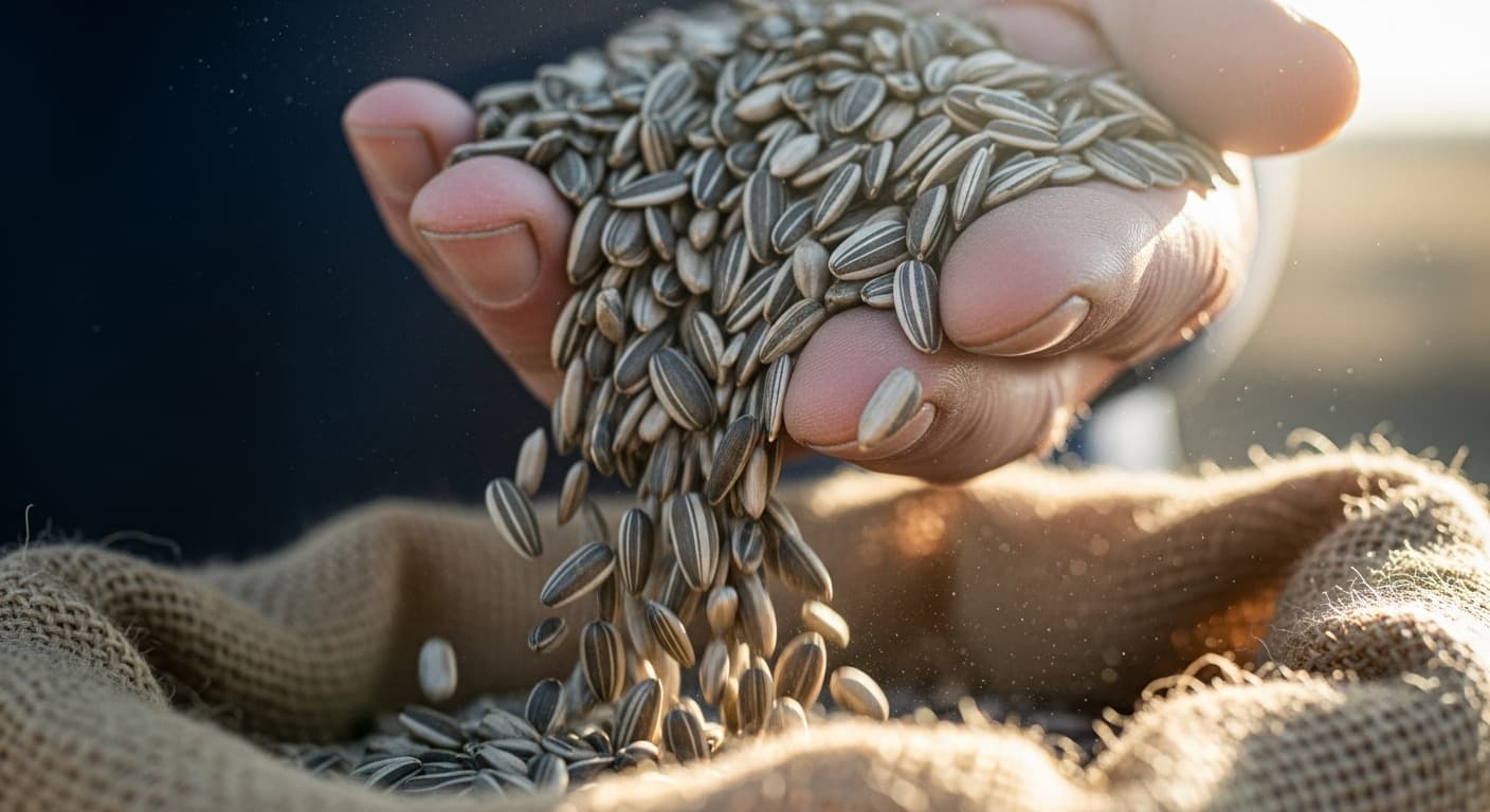 Bir çiftçinin elinden çuval bezinden yapılmış bir torbaya dökülen ayçiçeği tohumlarının makro yakın plan görüntüsü (Yapay zekâ tarafından oluşturulan görsel)