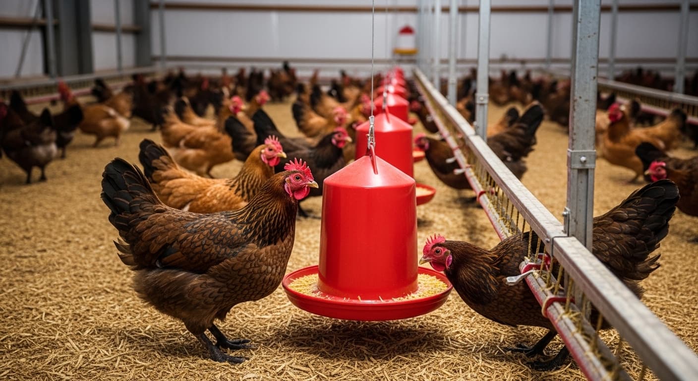 Chickens feeding indoors (AI-generated image).