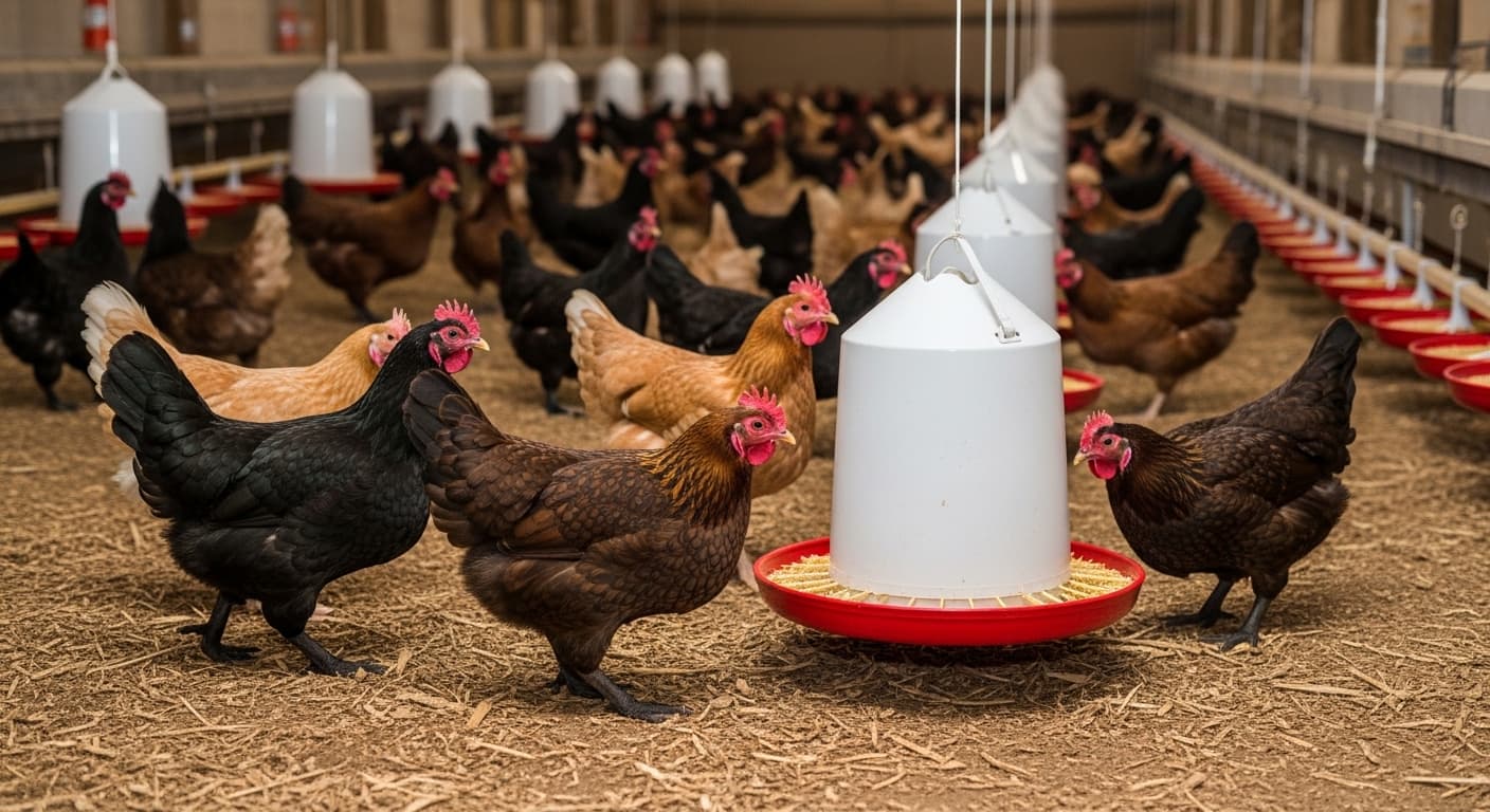 室内进食的鸡只(AI 生成的图像)。