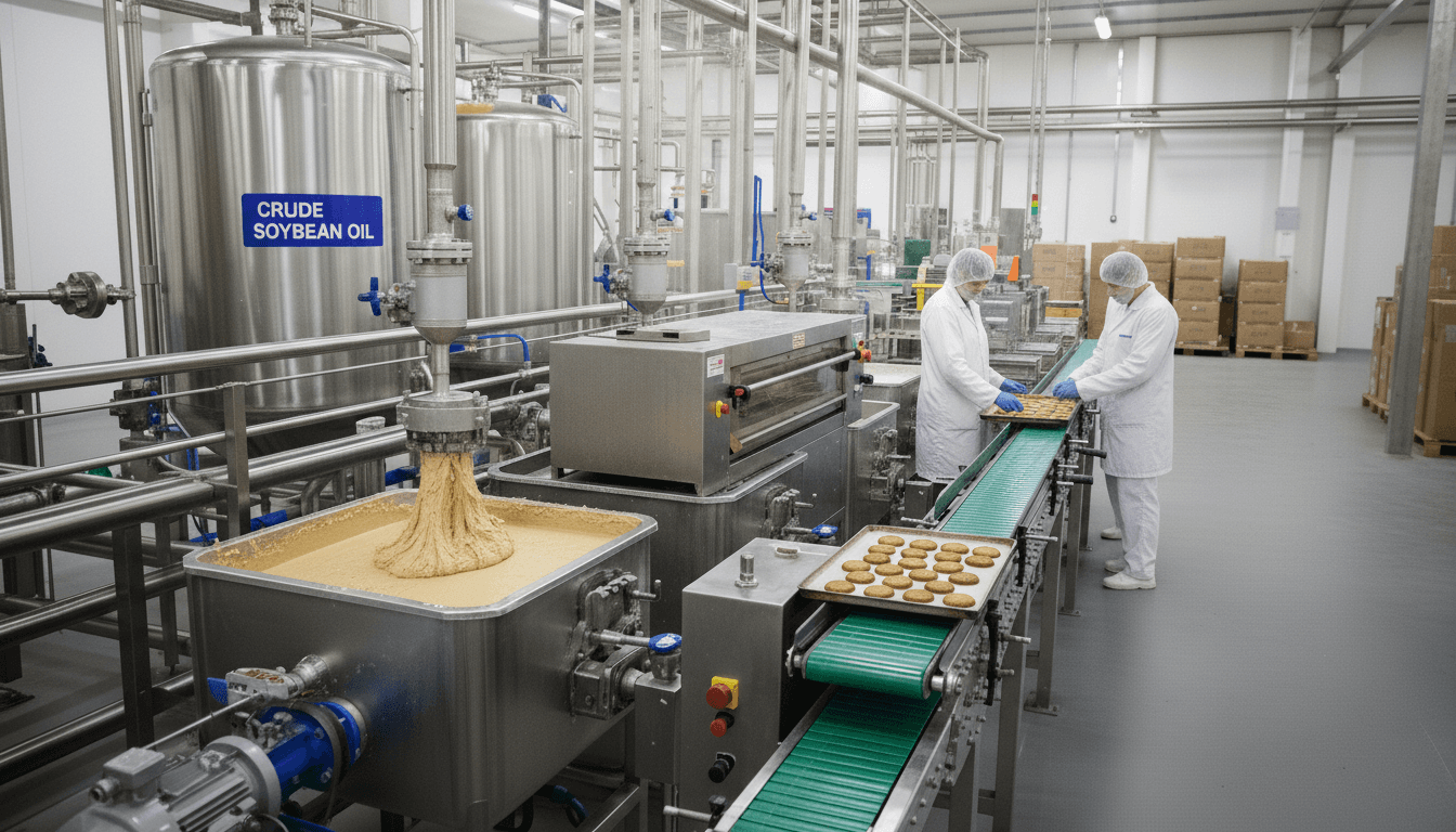 Línea de producción de galletas que utiliza aceite de soja crudo como ingrediente (imagen generada por IA)